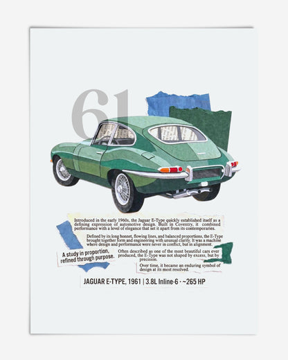 Unframed art print featuring a green 1961 Jaguar E-Type collage with descriptive text.