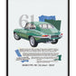 Black-framed collage artwork of a green 1961 Jaguar E-Type with blue and green torn-paper accents and descriptive text.