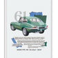 White-framed art print featuring a green 1961 Jaguar E-Type collage and descriptive text.