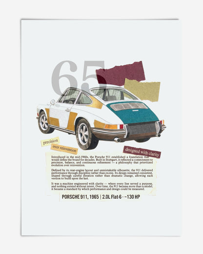 Unframed collage art print of a white 1965 Porsche 911 with teal and mustard panels, torn-paper accents, and descriptive text.