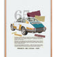 Oak-framed collage artwork of a white 1965 Porsche 911 with teal and mustard panels, torn-paper accents, and descriptive text.