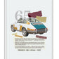White-framed collage artwork of a white 1965 Porsche 911 with teal and mustard panels, torn-paper accents, and descriptive text.