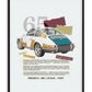 Black-framed collage artwork of a white 1965 Porsche 911 with teal and mustard panels, torn-paper accents, and descriptive text.