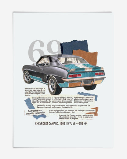 Unframed collage art print featuring a 1969 Chevrolet Camaro, a large gray 69, torn paper shapes, and descriptive text.