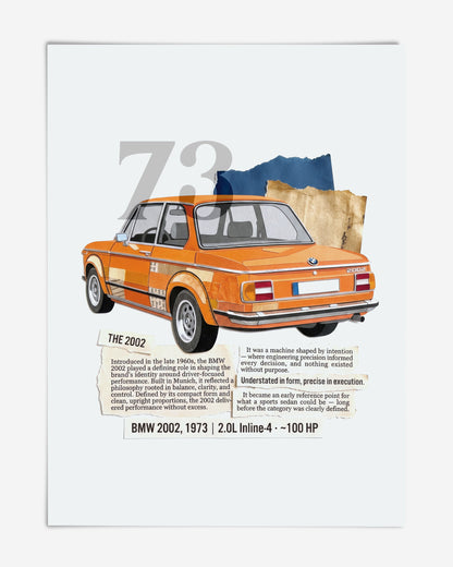 Unframed collage-style art print of an orange 1973 BMW 2002 with layered paper textures and descriptive text.