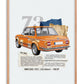 Oak-framed collage artwork of an orange 1973 BMW 2002 with layered paper textures and descriptive text.