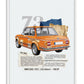 White-framed collage artwork of an orange 1973 BMW 2002 with layered paper textures and descriptive text.