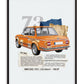 Black-framed collage artwork of an orange 1973 BMW 2002 with layered paper textures and descriptive text.