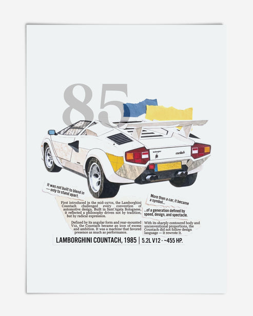 Unframed collage-style art print of a white 1985 Lamborghini Countach with blue and yellow torn-paper accents and descriptive text.