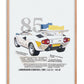 Oak-framed collage artwork of a white 1985 Lamborghini Countach with blue and yellow torn-paper accents and descriptive text.