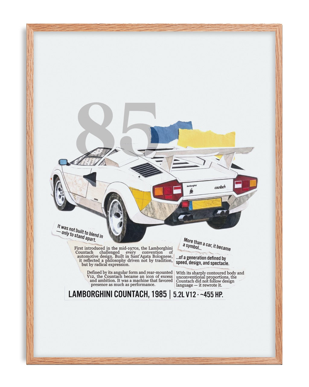 Oak-framed collage artwork of a white 1985 Lamborghini Countach with blue and yellow torn-paper accents and descriptive text.