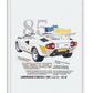 White-framed collage artwork of a white 1985 Lamborghini Countach with blue and yellow torn-paper accents and descriptive text.