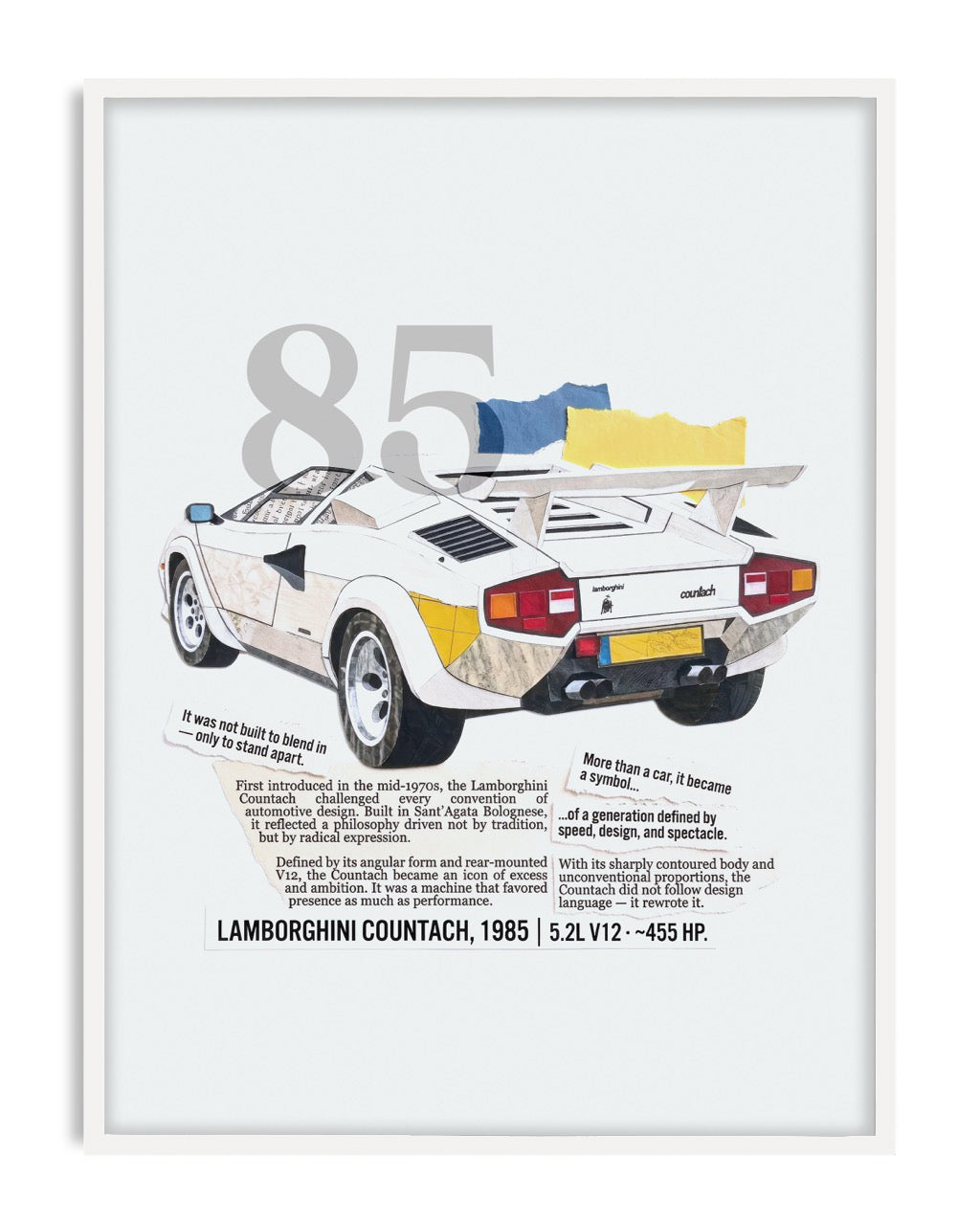White-framed collage artwork of a white 1985 Lamborghini Countach with blue and yellow torn-paper accents and descriptive text.