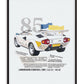 Black-framed 1985 Lamborghini Countach artwork featuring a rear-view car illustration and the number 85.