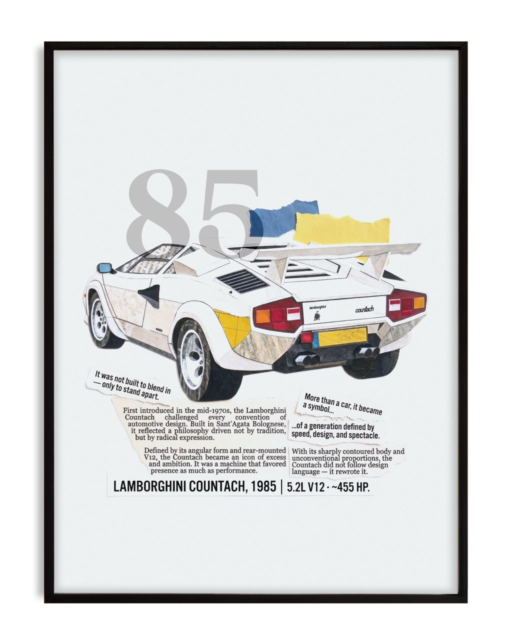 Black-framed 1985 Lamborghini Countach artwork featuring a rear-view car illustration and the number 85.