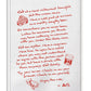 White-framed art print featuring red handwritten dining advice with steak, drink, and oyster illustrations.