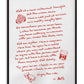 Black-framed artwork with red handwritten dining reflections and sketches of steak, a drink, and an oyster.