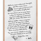 Oak-framed handwritten dining advice artwork with steak, drink, and oyster illustrations on white.