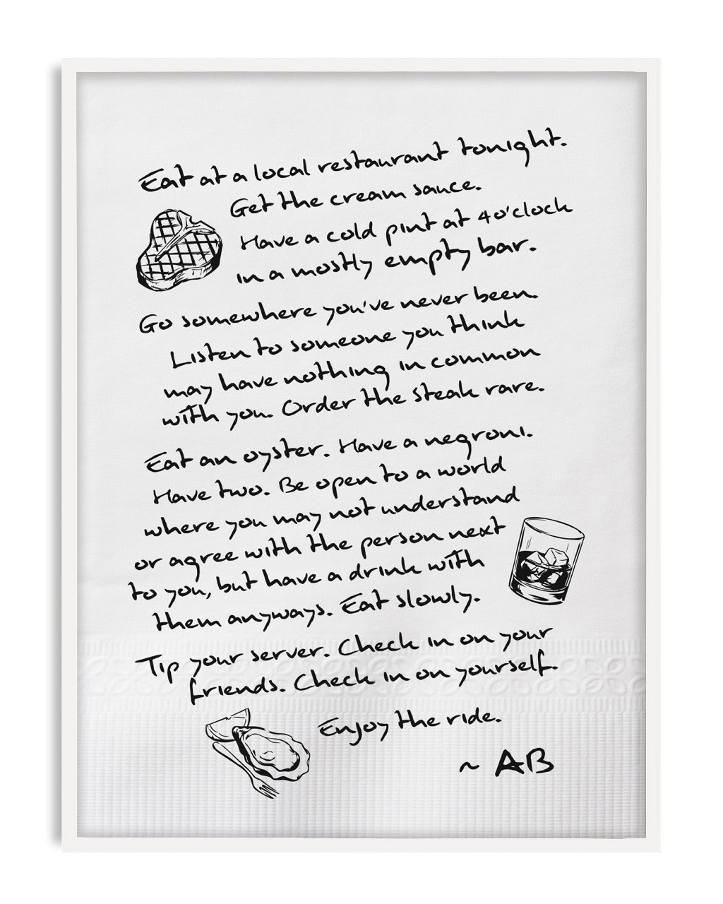 White-framed handwritten dining advice artwork with steak, drink, and oyster illustrations on white.