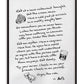 Black-framed white artwork with handwritten dining reflections and drawings of steak, a drink, and an oyster.