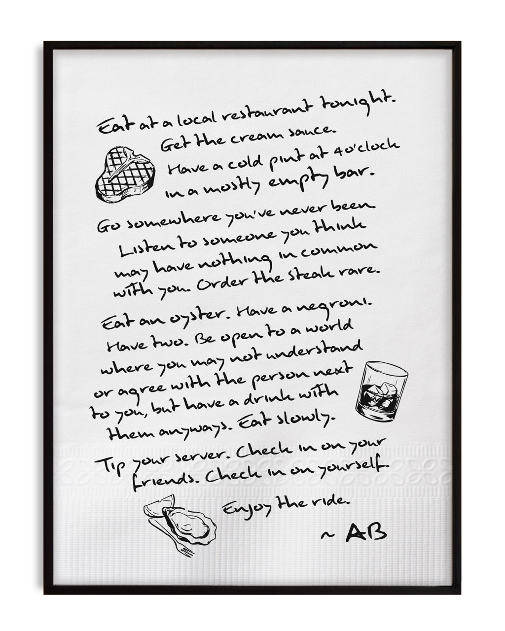 Black-framed white artwork with handwritten dining reflections and drawings of steak, a drink, and an oyster.