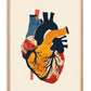 Oak-framed abstract heart anatomy artwork in navy, golden yellow, red, and blue on a cream background.