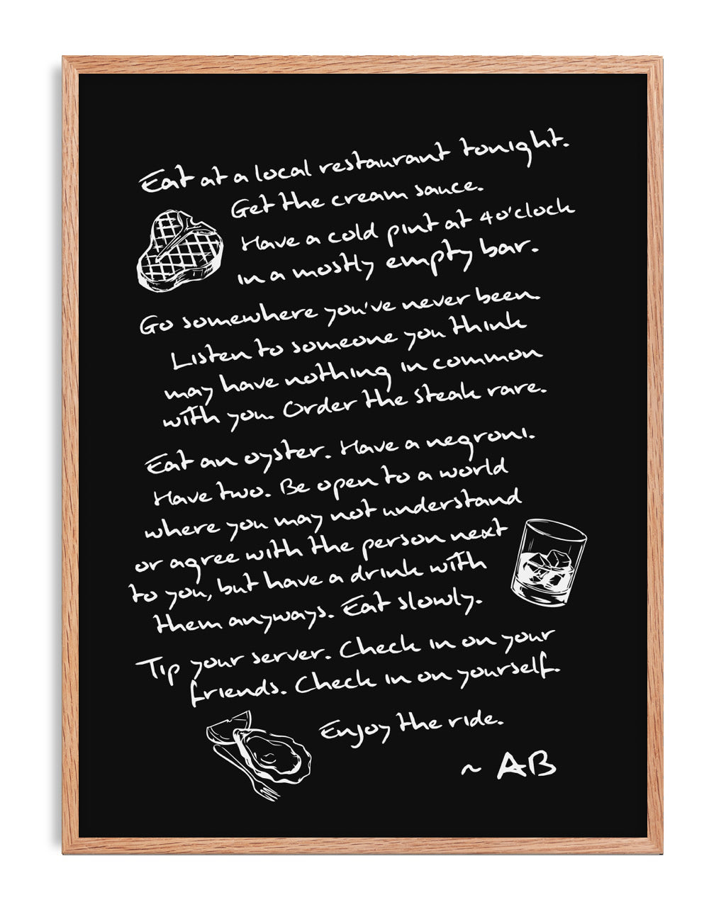 Oak-framed black artwork with handwritten dining reflections and drawings of steak, a drink, and an oyster.