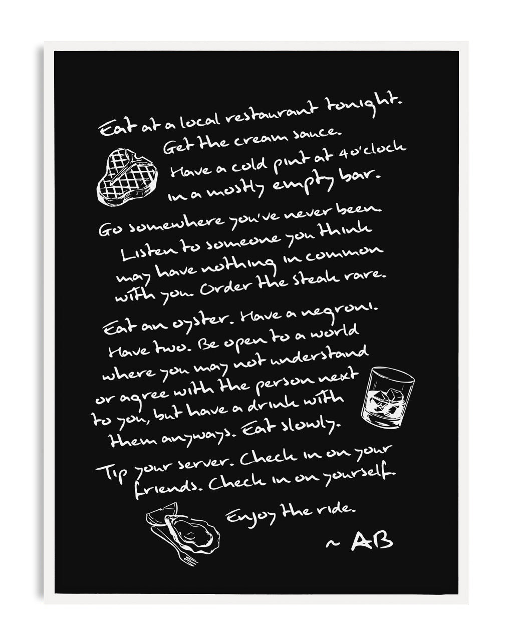 White-framed black artwork with handwritten dining reflections and food-and-drink illustrations.