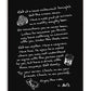 Black-framed black artwork with handwritten dining reflections and drawings of steak, a drink, and an oyster.