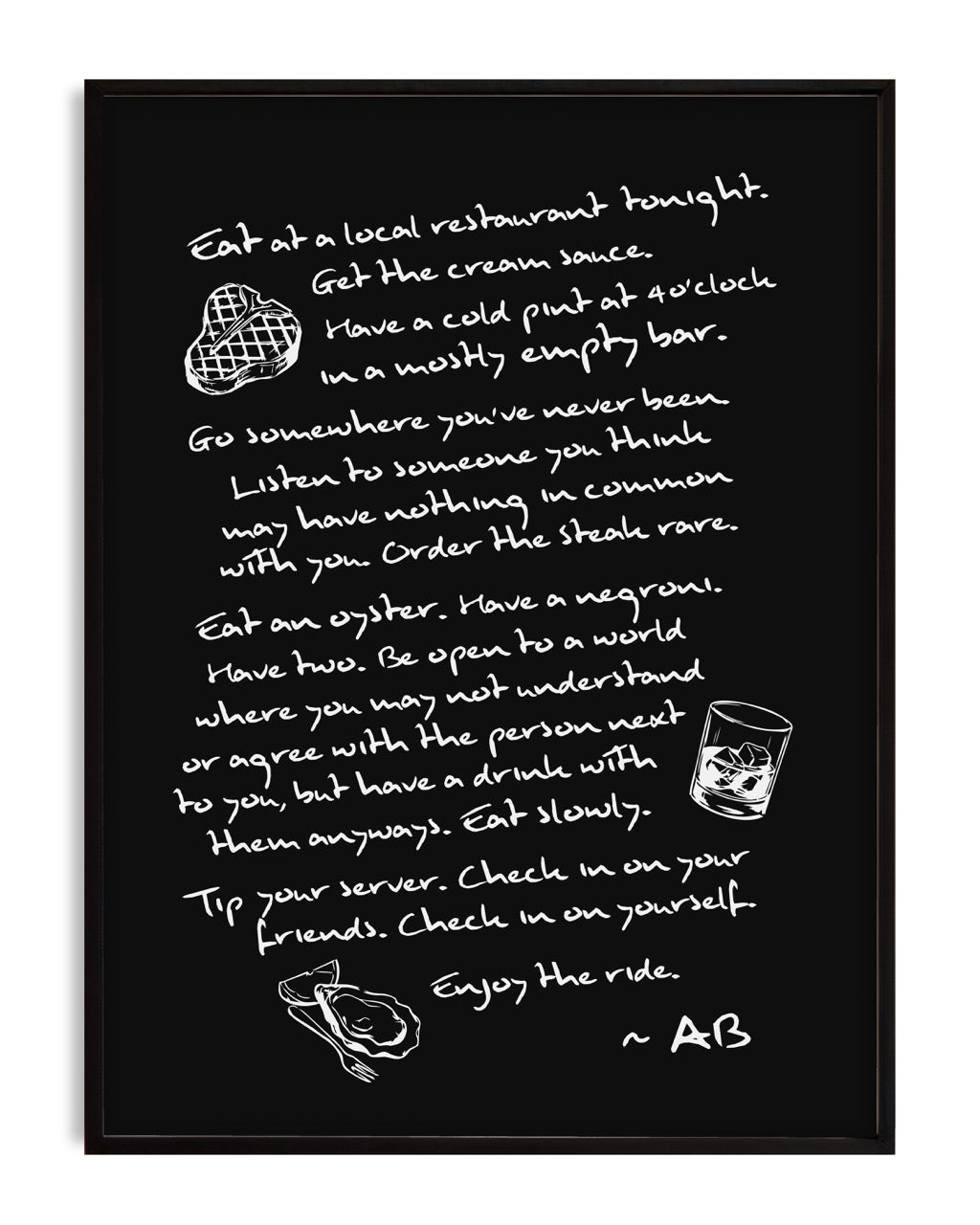 Black-framed black artwork with handwritten dining reflections and drawings of steak, a drink, and an oyster.