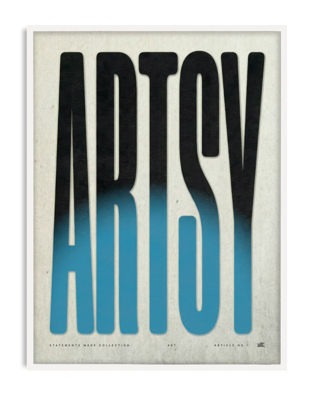 White-framed Artsy typography artwork with elongated black letters fading into bright blue on a textured cream background.