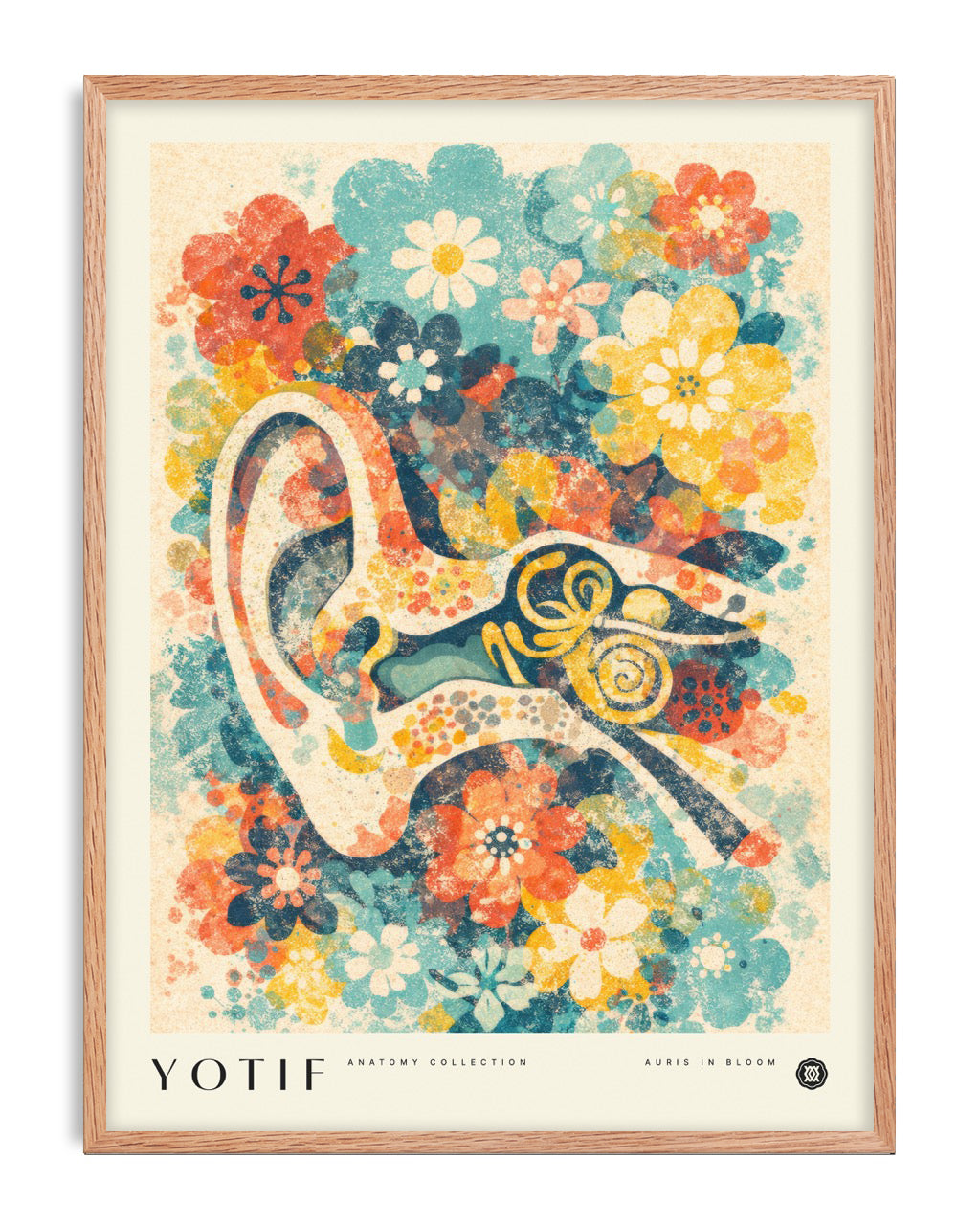 Oak-framed Auris in Bloom art print featuring a stylized ear surrounded by colorful flowers.