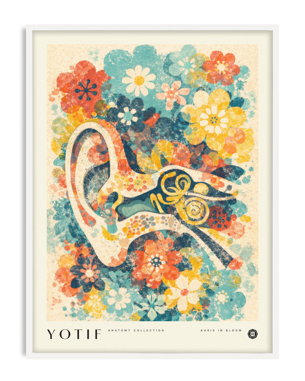 White-framed Auris in Bloom art print featuring a stylized ear surrounded by teal, coral, yellow, and navy flowers.