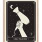 Oak-framed Blowout art print depicting a hand holding a hair dryer beneath a crescent moon and stars.
