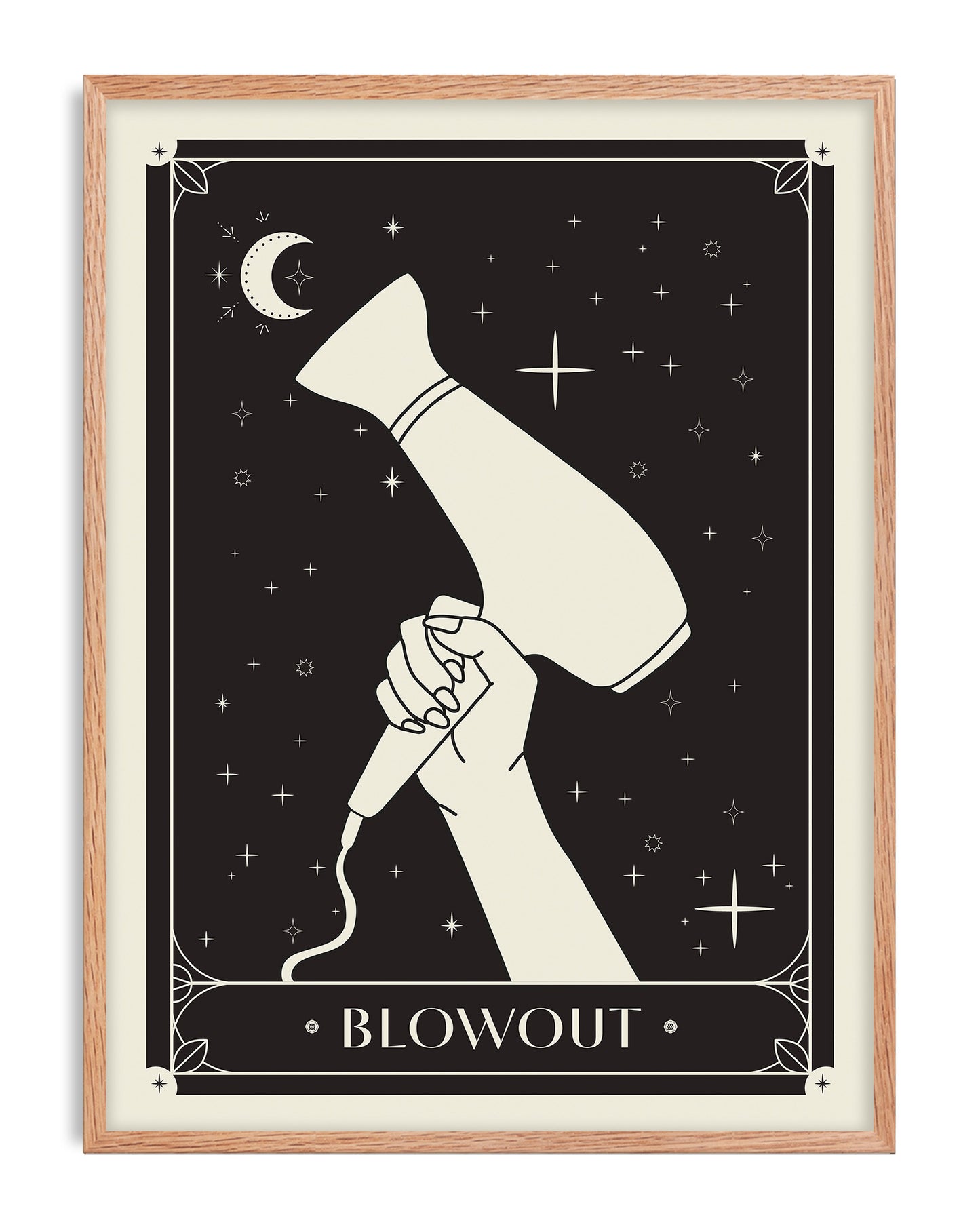 Oak-framed Blowout art print depicting a hand holding a hair dryer beneath a crescent moon and stars.