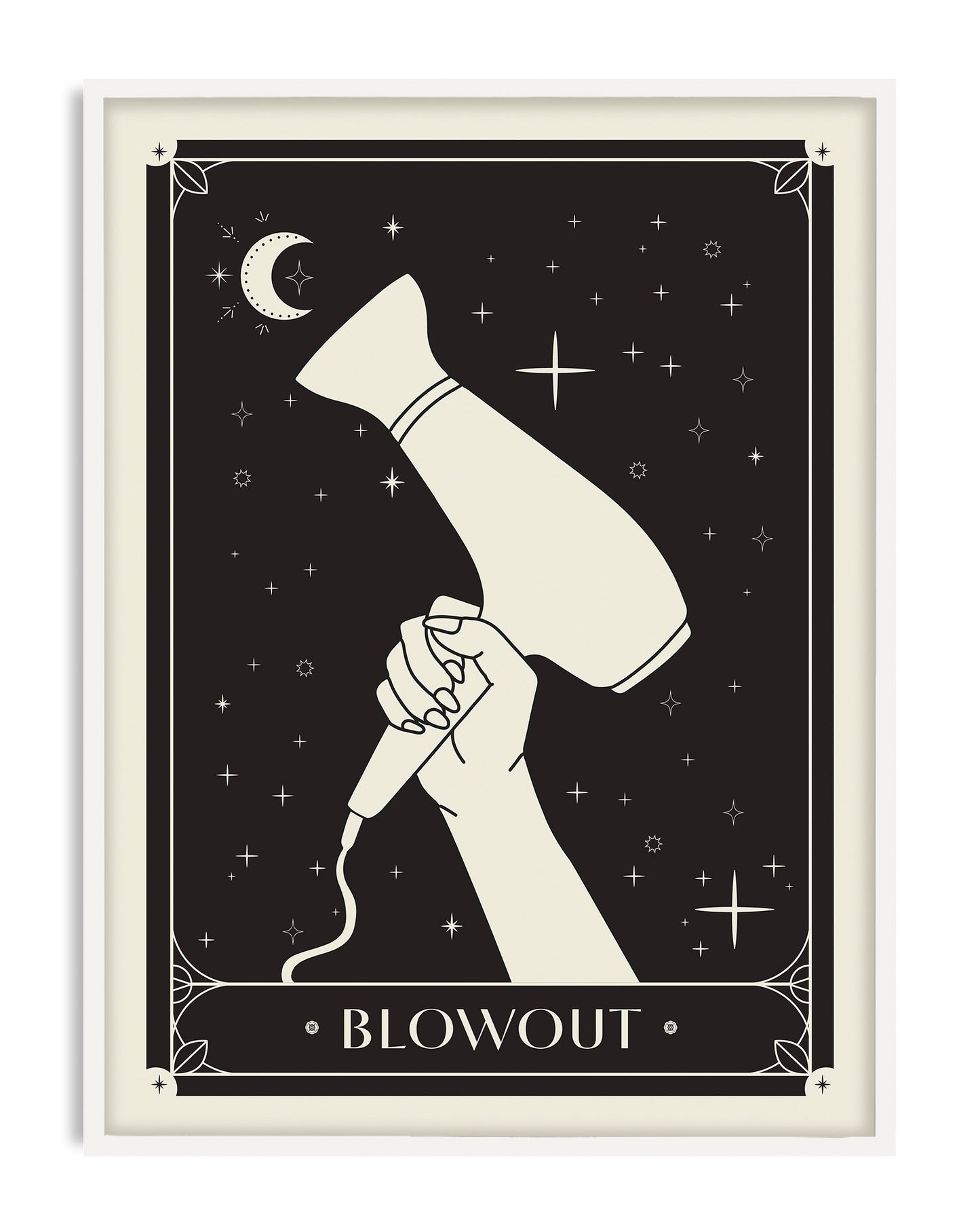 White-framed Blowout art print depicting a hand holding a hair dryer beneath a crescent moon and stars.
