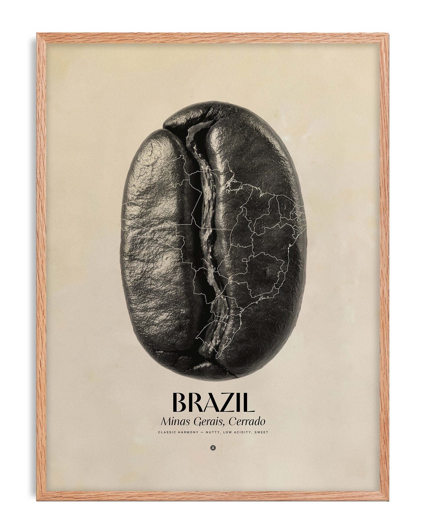 Oak-framed Brazil Minas Gerais art print featuring a black coffee bean with a map outline.