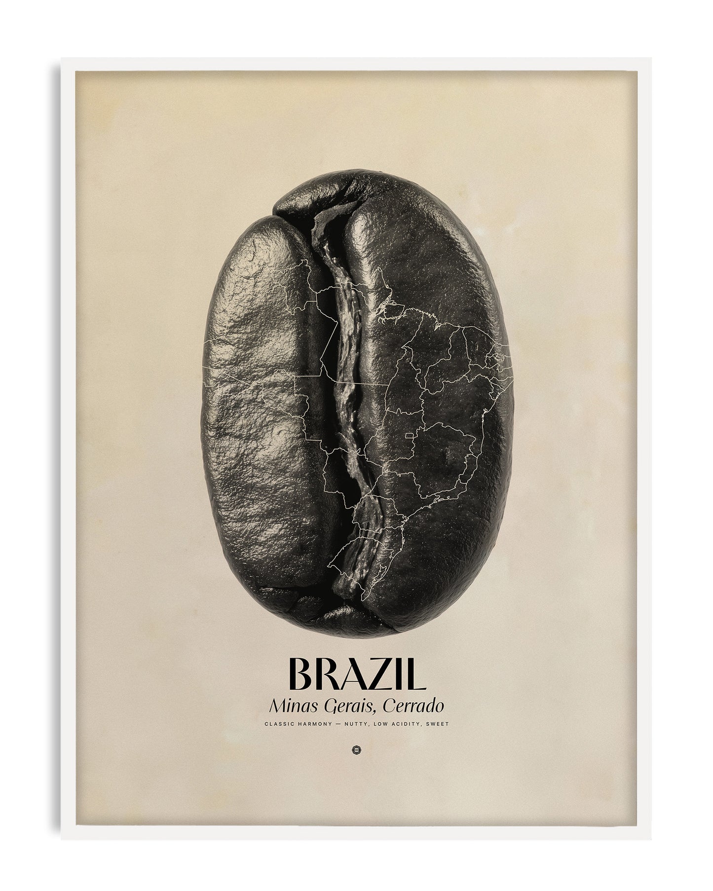 White-framed Brazil Minas Gerais art print featuring a black coffee bean with a map outline.