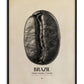 Black-framed Brazil Minas Gerais coffee art print featuring an enlarged bean overlaid with map outlines.