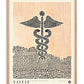 Oak-framed Caduceus art print featuring a black dotted winged staff and snakes over peach and black halftone fields.
