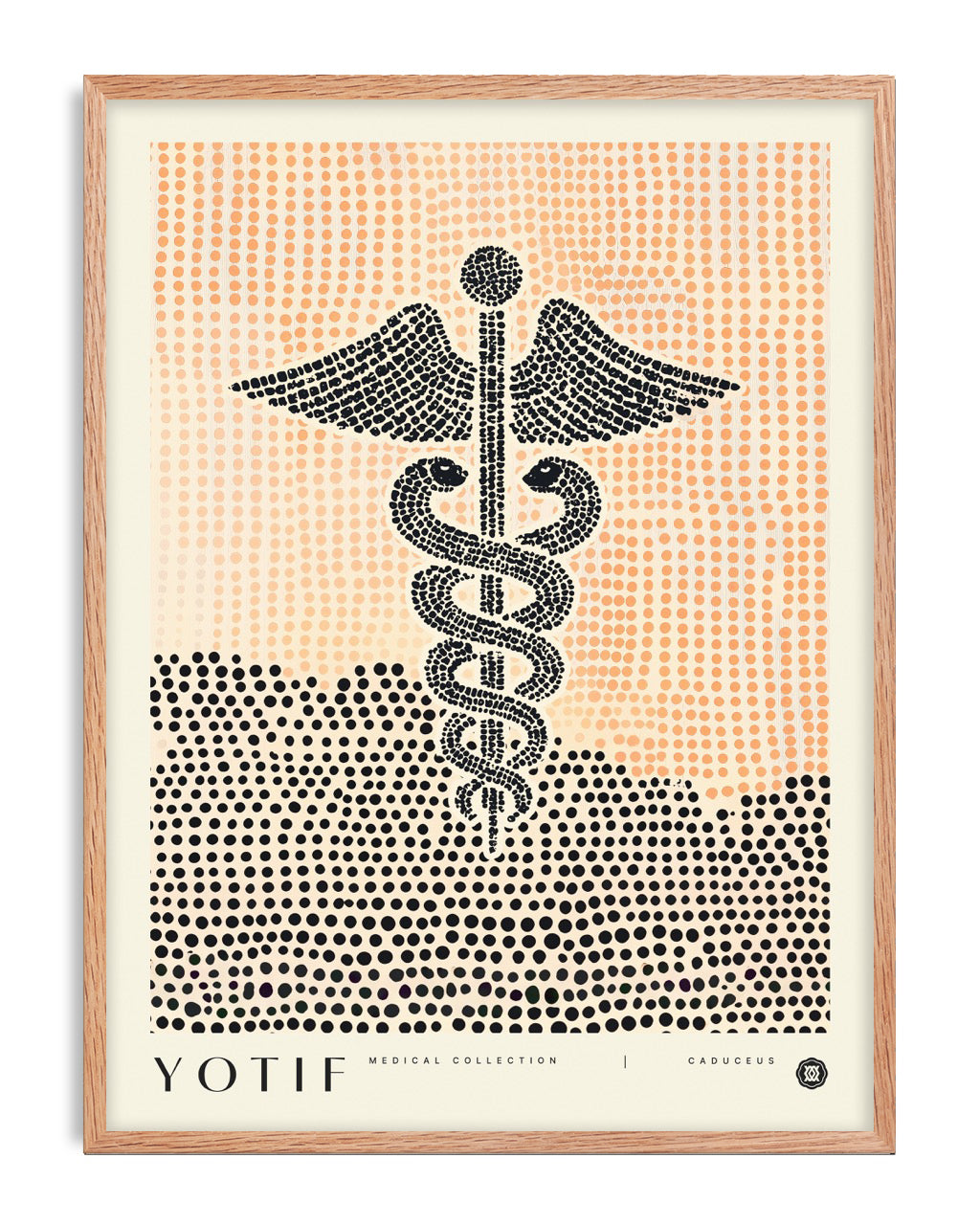 Oak-framed Caduceus art print featuring a black dotted winged staff and snakes over peach and black halftone fields.