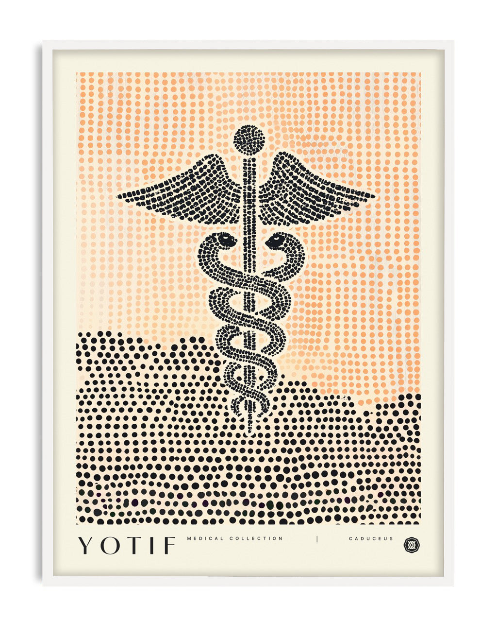 White-framed Caduceus art print featuring a black dotted winged staff and snakes over peach and black halftone fields.
