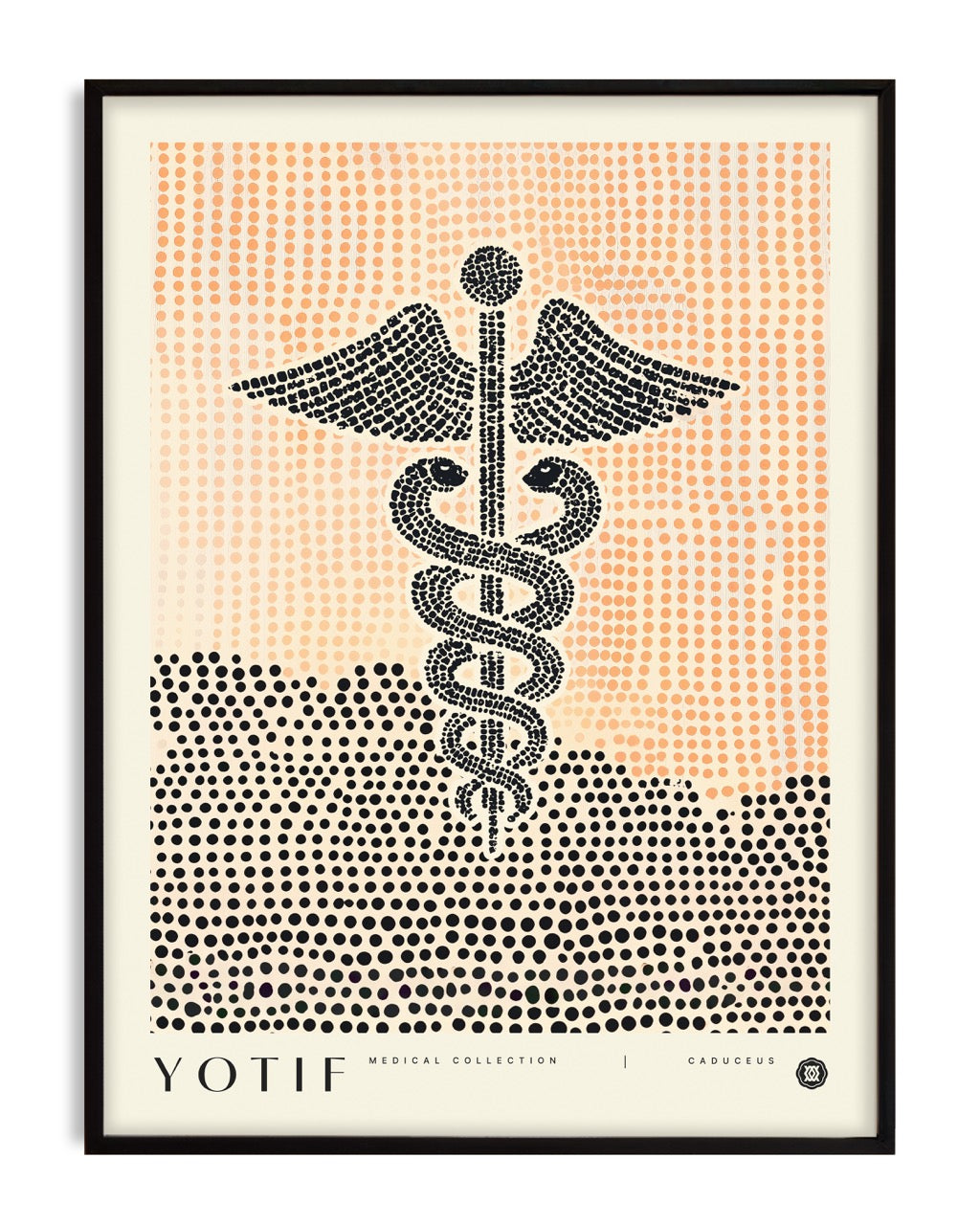 Black-framed Caduceus art print featuring a black dotted winged staff and snakes over peach and black halftone fields.