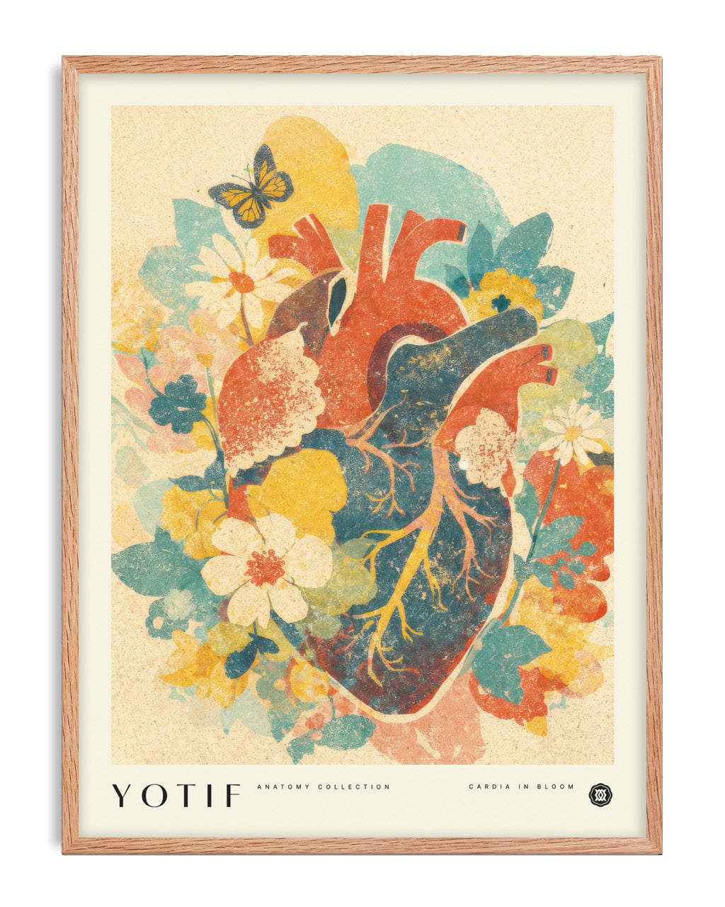 Oak-framed YOTIF Cardia in Bloom art print with an anatomical heart, colorful flowers, and a butterfly.