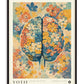 Black-framed Cerebrum in Bloom art print depicting a brain filled with blue, orange, yellow, and cream flowers.