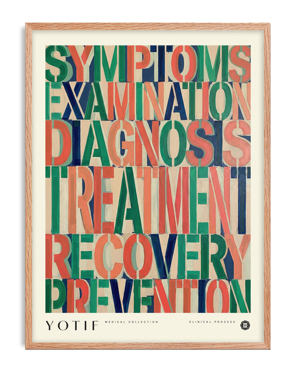Oak-framed YOTIF medical process artwork featuring colorful stacked words from Symptoms through Prevention on a cream background.