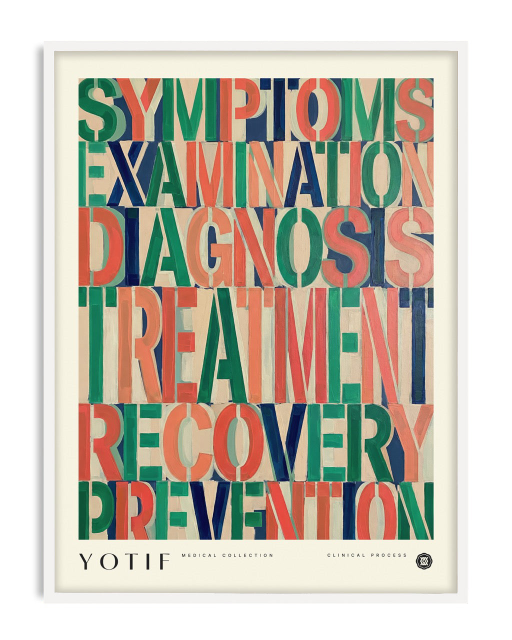 White-framed YOTIF medical process artwork featuring colorful stacked words from Symptoms through Prevention on a cream background.