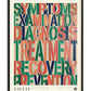 Black-framed medical process typography artwork with colorful words including symptoms, examination, diagnosis, treatment, recovery, and prevention.