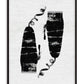 Black-framed abstract art print with two textured black forms, curling lines, and ink drips on white.