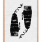 Oak-framed abstract art print with two textured black forms, curling lines, and ink drips on white.